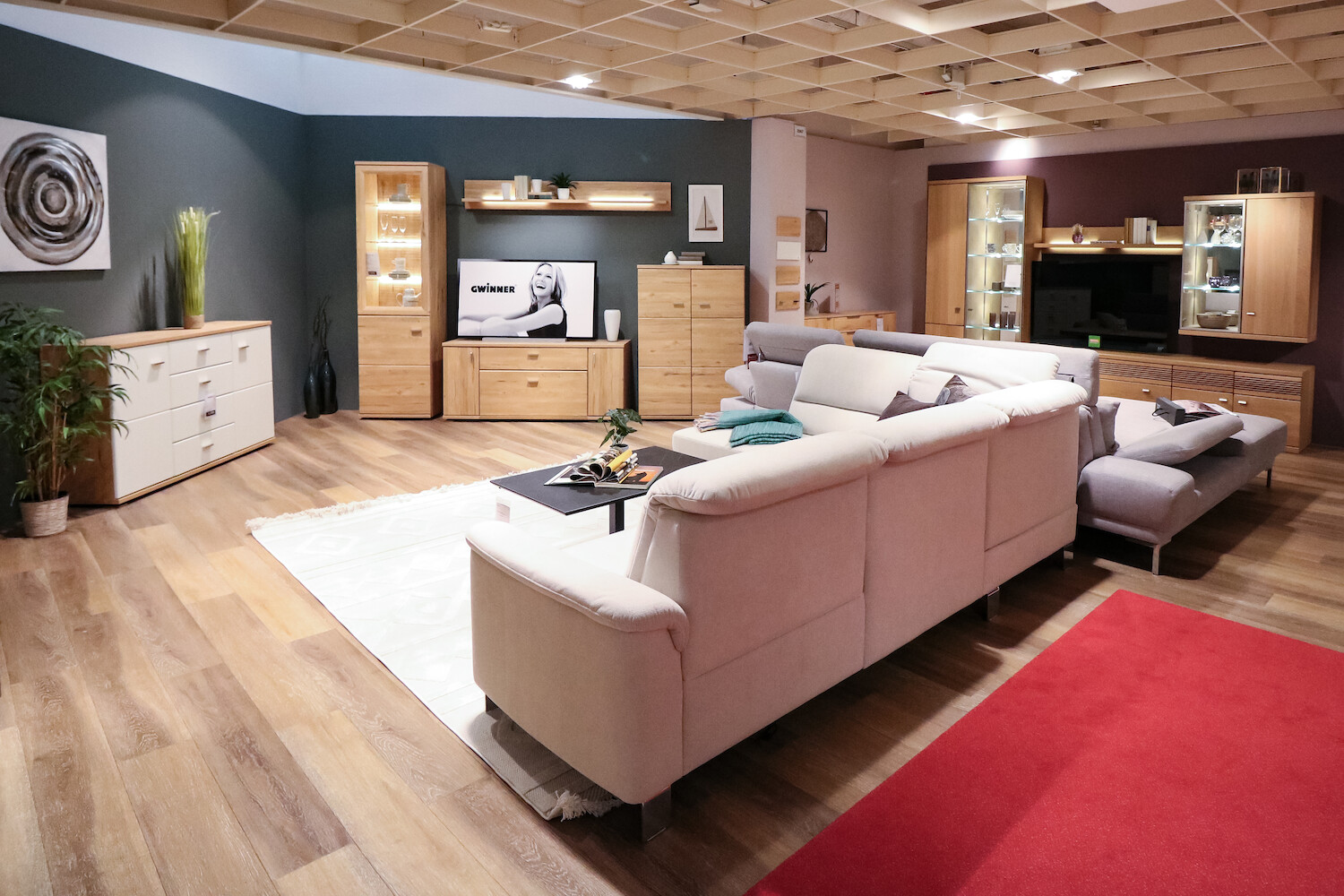 Blick in Ausstellungsraum mit Sofa im Vordergrund und Anbauwand im Hintergrund.