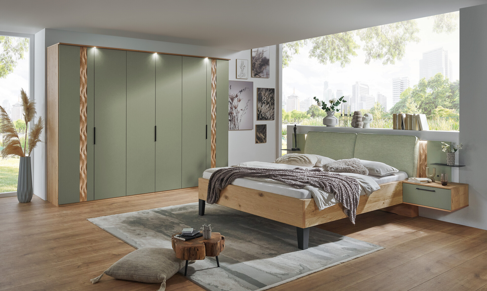 Schlafzimmer mit Kleiderschrank und Bett sowie Nachttisch