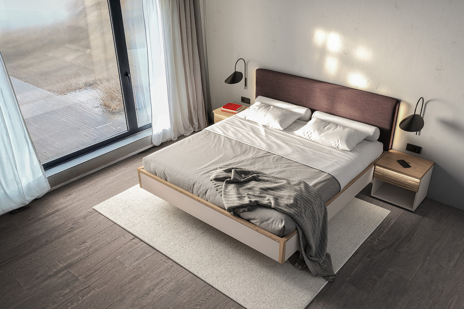 Es wird ein Doppelbett gezeigt.